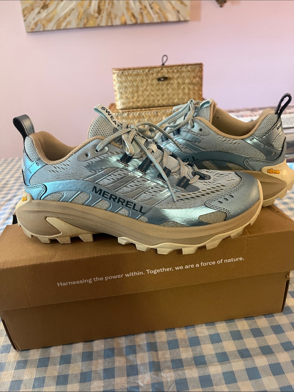 Merrell x Sweaty Betty Speed 2 trail shoes light blue shiny